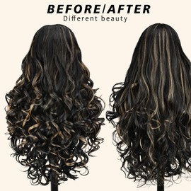 X-TRESS Black V Part Wig loose Wave with Honey F1B/27 color 22" V Part Wigs for black women Up U part Glueles in Half Wig and Full Head Clip V Shape No Leave Out Thin synthetic wig fix with clip comb