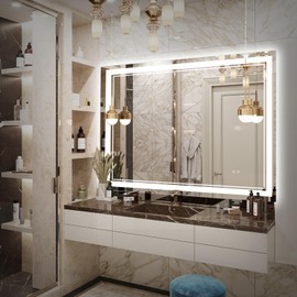 TheiaMo LED Bathroom Mirror 40x32, Anti-Fog Shatterproof Vanity Lighted Mirrors with Memory Tempered Glass Wall Mirror, 3 Adjustable Colors IP65 Waterproof, Horizontal Vertical, UL Listed