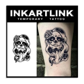 INKARTLINK Tattoo Tech, 2 Sheets Medium Semi Permanent Tattoo, Adult Art Design Temporary Tattoos, Lasts 1-2 Weeks, Waterproof, Realistic Look, No Reflection (Sugar Skull Woman)