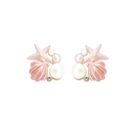 ONLYJUMP Chunky Gold Stud Earrings - Zinc, Starfish Pearl Studs - Boho Ocean Sea Scallop Shell Starfish Pearl Earrings - Pink Zircon Stones - Summer Beach Ocean Jewelry Gift