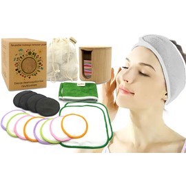 Reusable Eco Friendly Makeup Remover Pads, Large Soft and Washable, Gift Box with Bamboo Discs, Cloth, Headband and Wash Bag