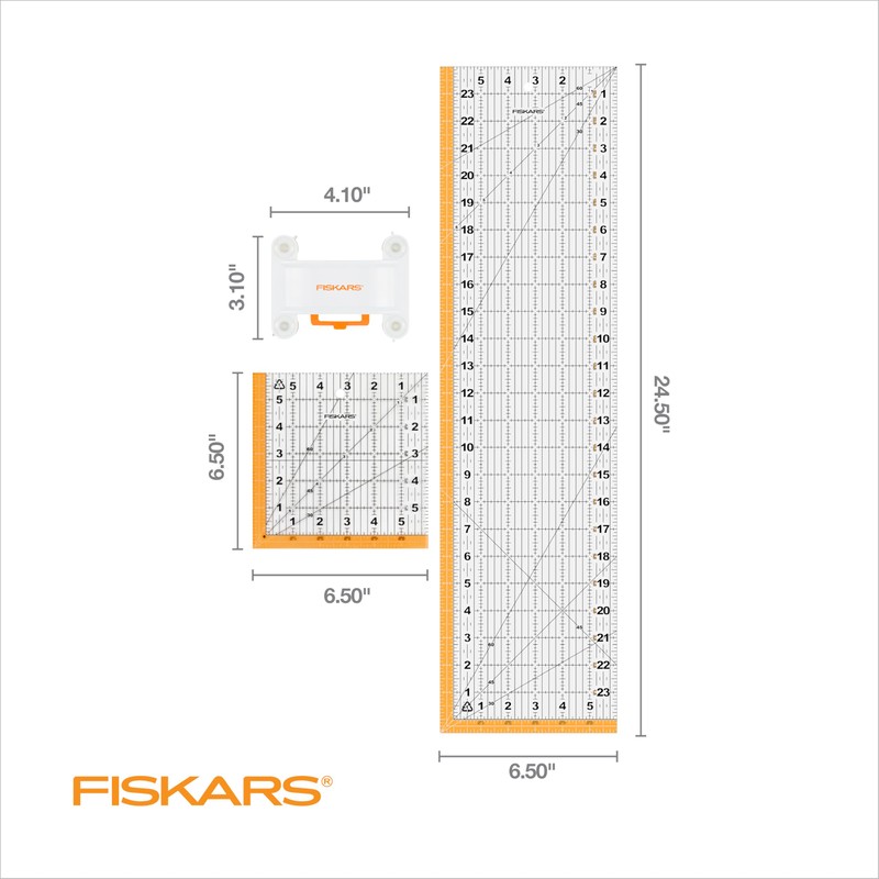 Fiskars 3-Piece Ruler & Connector Set, 6.5"x6.5" and 6.5"x24.5" Rulers,