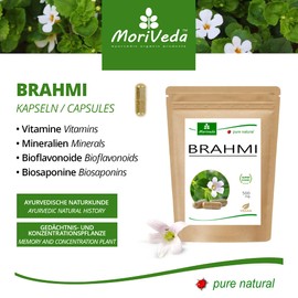MoriVeda® Brahmi Capsules, 2 Month Pack, Memory Plants Powder with 500 mg Capsule Weight, Vegan and No Additives, 120 Pieces