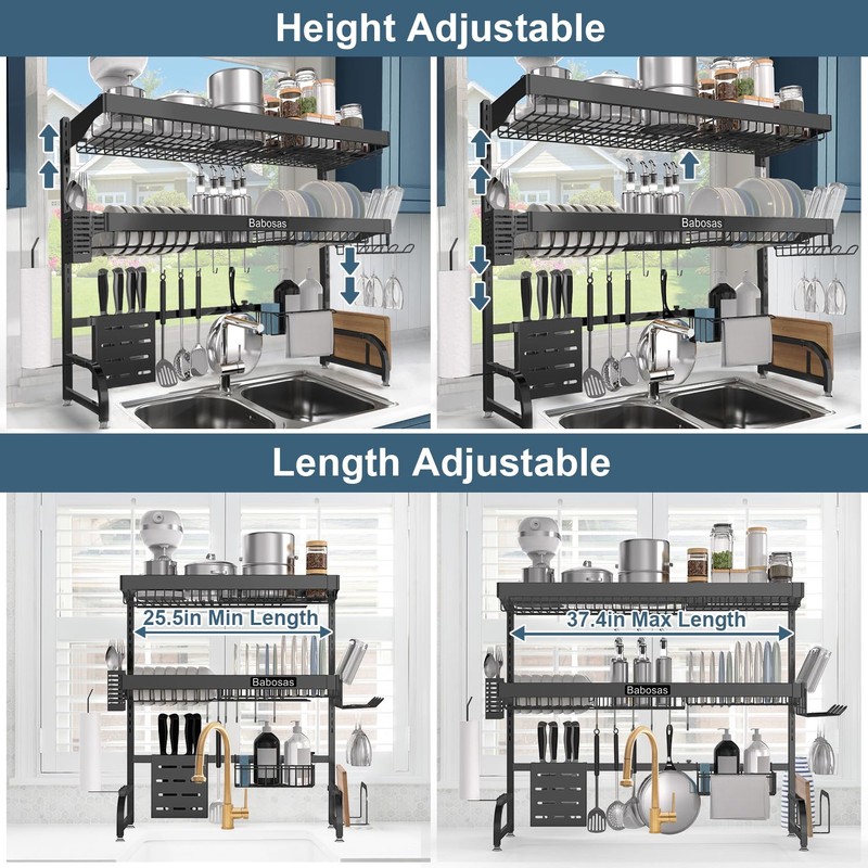 Babosas Over The Sink Dish Drying Rack,3 Tier Adjustable Length