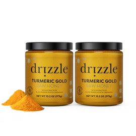 Drizzle Turmeric Gold Raw Honey - All Natural Pure Raw Honey with Organic Turmeric, Unfiltered, Use in Tea, Golden Milk, & Coffee, Sugar Substitute, Certified Kosher - 13.2 oz Jar (375 g), Pack of 2