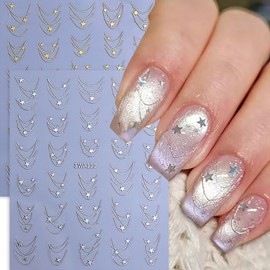 French Tip Nail Stickers for Nail Art 3D Self-Adhesive Gold Silver French Tip with Star Nail Stickers Simple Style Design Decals Manicure Tips Decoration Accessories for Women Daily Nails 8 Sheets