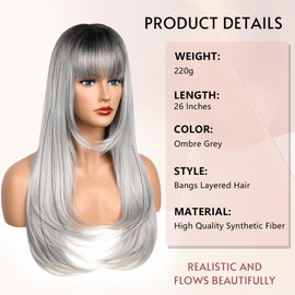 YUCCAHA Ombre Grey Synthetic layered Wig with Bangs for Women Wear and Go glueless Wig 26 Inch Middle Part Long Straight Colorful Costume Wigs Heat-Resistant Fiber for Daily Party Use