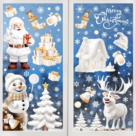 Christmas Window Stickers, Static Xmas Window Stickers, Santa Snowflake Reindeer Christmas Scene Window Sticker Christmas Decorations for Windows