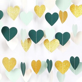 Love Heart Garland Hanging Streamers, 12m Reflective Paper Hanging Garlands, Paper Garland Hanging Streamer for Wedding Birthday Bridal Shower Anniversary Decorations (Green White Gold-glitter)