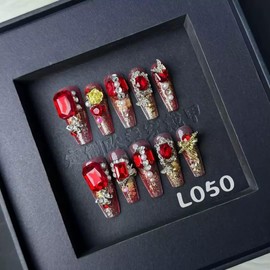 100% Handmade Press on Nails Long Coffin Red Acrylic Handmade Nails Press Ons Diamond Fake Nails Rhinestones Glue on Nail Reusable Gorgeous False Nail for Women Girls Manicure Size L