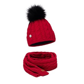 ELIMELI® 15568 Women's Winter Hat Warm Knitted Hat with Bobble Slouch Knitted Beanie Women's for Winter Bobble Hat Made in EU Choice of Colours, Red - Scarf Set