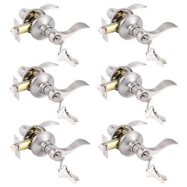 Gobrico 6 Pack Satin Nickel Keyed Alike Door Lever with Lock and Key, Wave Style Reversible Knobs for Exterior Entrance Door