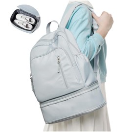 wassdins Gym Backpack Womens with Shoe Compartment, Foldable Travel Backpack Waterproof School Bags for Girls, Wet Pocket Carry On Backpack Lightweight Small Rucksack for Sports, Yoga - Light Blue