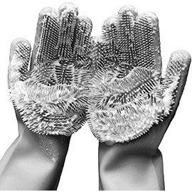 Forliver Silicone Dish Washing Cleaning Sponge Gloves, Dog Care, Silicone Reusable Rubber Brush Scrubber Gloves for Pet Grooming Bathing, Car Washing. 1 Pair (13.6" Large)