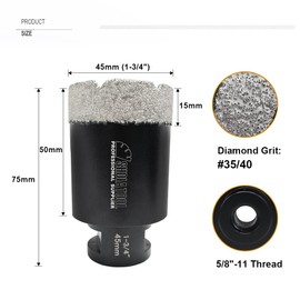 SHDIATOOL 1-3/4 Inch Diamond Core Drill Bit for Porcelain, Ceramic Tile, Marble, Brick – Vacuum Brazed Hole Saw, 45mm, 5/8-11 Thread, Wet/Dry Drilling
