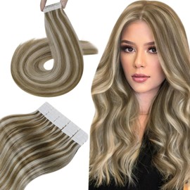 Hetto Tape in Hair Extensions Human Hair for Women Blonde Highlight Tape in Extensions Human Hair Golden Brown Highlight Bleach Blonde Tape in Real Hair Extensions 12inch 40g 20pcs