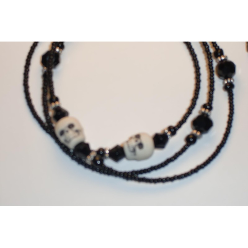 Beaded Eyeglass Chain Skulls Black Glass Seed Beads 28 inches