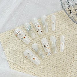 LARSOOY Nails Handmade Press on Nails Long Coffin | Hand Painted Nails with Plum blossom | Reusable Fake Nails with Landscape Painting | False Nails 10 Pcs (Wintersweet through the Mist, S)