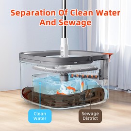INWEJIA Spin Mop and Bucket Set with Self Separation System 360° Spinning Self-Wringing, Square Clean Mop and Bucket with Wringer-with Replaceable Mop Cloths-6Pads-Drak Gray