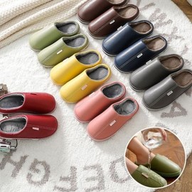 Modern Couple Winter Leather Fur Slippers Leather Fur Slippers (Green S)