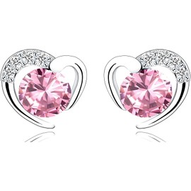 Heart Earrings for Women Girls 925 Silver Studs with Cubic Zirconia (Pink)