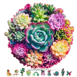 Wooden Puzzles for Adults, 300 Piece 15.35" x 14.76" Unique Shaped Wood Puzzle, Mandala Succulent Jigsaw Puzzles, Brain Teaser Puzzles for Adults, Family Games for Kids and Adults