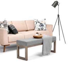 SIMPLIHOME Milltown 45 Inch Wide Contemporary Rectangle Large Ottoman Bench in Grey Linen Look Fabric, For the Living Room and Bedroom