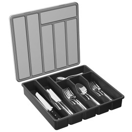 Lifewit Lifewit Silverware Organizer with Lid, Covered Utensil Tray for Kitchen Drawer and Countertop, Plastic Cutlery and Flatware Storage Box for Spoons Forks Knives Holder Case, 6 Compartments, Black