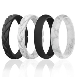 ROQ Silicone Rings for Women Thin Womens Silicone Rubber Wedding Rings Bands - Braided Flame Leaves and Dome Collection - Can Be Used as Stackable Rings - Black, Marble, Size - 8