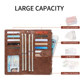 SENDEFN Womens Purse RFID Blocking Large Capacity Long Purse Elegant Vintage Leather Purse with Multiple Card Slots Zipper Phone Coin Pocket Wallet