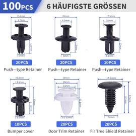 Pack of 100 Car Mounting Clips, 6 Types Universal Expansion Rivets with Storage Box, Car Mounting Clips Set, Universal Bumper Trims, Plastic Clips Set, Plastic Rivets