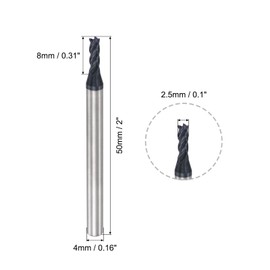 sourcing map Square Nose End Mill, 2.5mm Tip Dia Solid Carbide AlTiN Coated CNC Router Bits 4 Flute Spiral Milling Cutter HRC45 with 4mm Shank 50mm (2-inch) Length, 2pcs