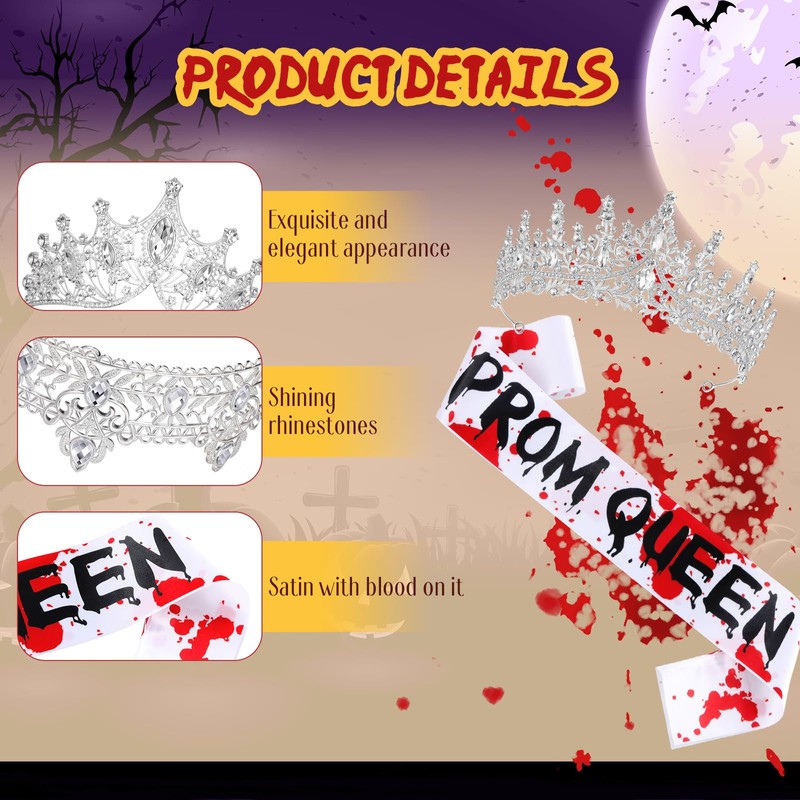 3 Pcs Halloween Prom Queen Crowns and Sashes Set Bloody