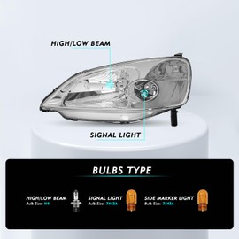 TUSDAR Headlight Assembly Compatible with 2001 2002 2003 Honda Civic Left Driver and Right Passenger Side (Chrome Housing with Clear Reflector)
