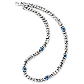 COOLSTEELANDBEYOND Men's Stainless Steel Cuban Link Chain Necklace with Blue Evil Eye Curb Chain Miami Cuban Chain Necklace, Resin plastic, No Gemstone