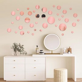 66 Pieces Rose Pink Mirror Wall Decor Living Room, Circle Wallpaper for Kitchen, Hallway Polka Dot Wall Decals, Funny Wall Stickers for Bedroom, Aesthetic Room Decor for Teen Girls.