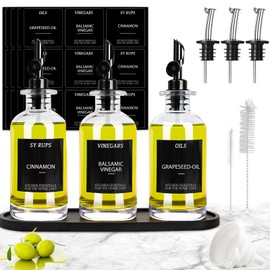 3PCS Olive Oil Dispenser Bottle For Kitchen, Soy Sauce Dispenser, Glass Oil and Vinegar Dispenser Set W. Wooden Tray & Labels & 3 Replacement Spouts, Coffee Syrup Dispenser