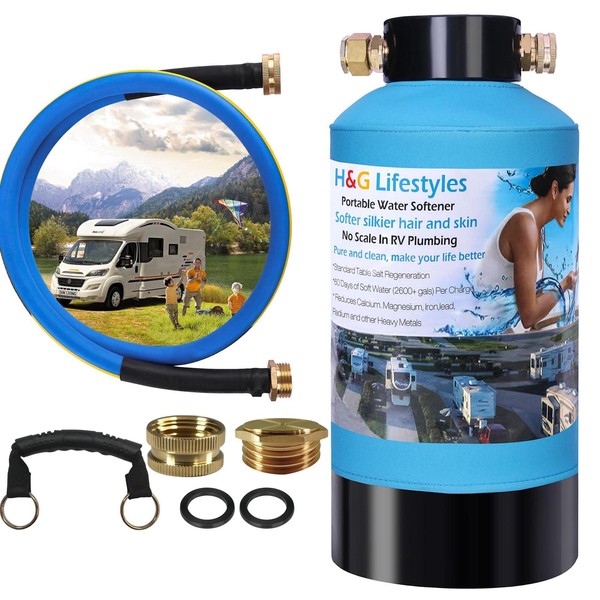 H&G lifestyles ‎Portable Water Softener for RV 16,000 Grains with Water Hose, 3/4" Brass Fittings 2600 Gallons Softens Hard Water Filtration System for Car Washing Pressure Washing