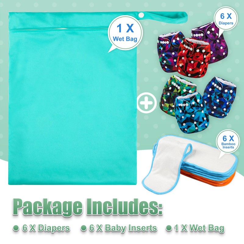 Wegreeco Cloth Diapers 6 Pack with Inserts & Wet Bag,
