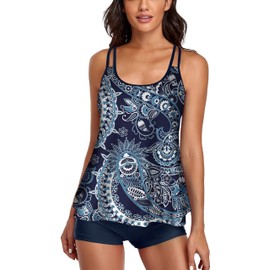 MAIABLEAU Womens Tankini Swimsuits Tummy Control 2 Piece Bathing Suits Swim Top with Boyshorts Blue White Flower XL