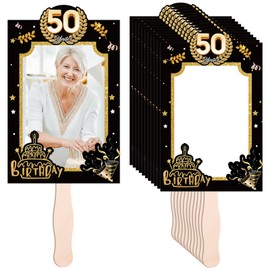 Geelin 12 Pcs 50th Birthday Party Supplies Black Gold 50th Bday Fans for Guest Blank DIY Custom 4x6 Photo Holders Big Head Cutout on a Stick Photo Props for Birthday Party Decorations