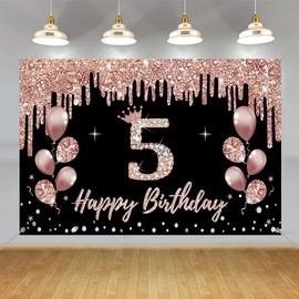 5th Birthday Decorations for Girls, Party Decoration Black and Rose Gold Fabric Sign Hanging Poster, 5th Birthday Backdrop Banner Party Welcome Sign