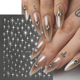 8 Sheets Star Nail Art Sticker 3D Shiny Glitters Cross Starlight Nail Design Decals Gold Slider Black White Slider Foil DIY Transfer Decal Nail Tips Star Sticker for Women Girls Manicure Decor