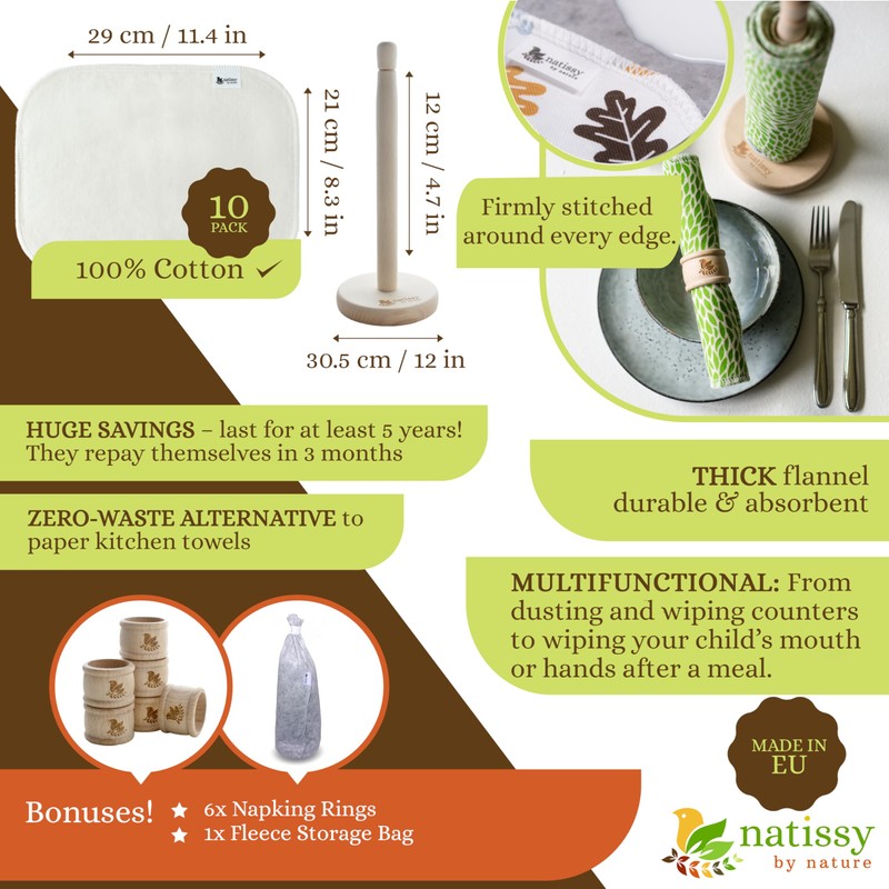 Reusable Cotton Kitchen Rolls, Pack of 10, Washable Kitchen Rolls