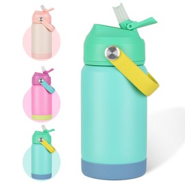 AMFUN 350ml /12oz Kids Insulated Water Bottle with Straw Lid,Small Flask Vacuum Insulated,Upgraded Leak Proof Lid with Straw & Handle for Boys Girls Toddler Hot Cold Drinks,BPA-Free(Green