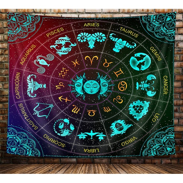 VEIVIAN Tapiz de astrología del zodiaco, constelación de sol y luna, tapiz de luz negra para colgar en la pared, mandala triple, bohemio, tapiz de bruja para recámara estético, lindo tapiz para sala de estar recámara (40 x 30)