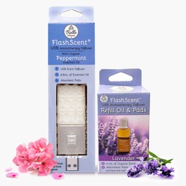 Belle Aroma® FlashScent™ USB Aromatherapy Bundle - for Car, Office, Home, and Travel - Includes 1 Pearl White Rose Geranium Oil Diffuser Kit, 1 Lavender FlashScent Essential Oil, and 7 Refill Pads