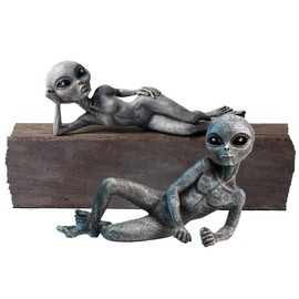 Sexy Alien Invasion 10” Lying UFO Garden Alien Statue and Figurine Set “Sky” and Storm – Alien Gray