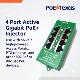 PoE Texas 4 Port PoE/PoE+ Injector with 56V 120W Power Supply - Gigabit Injector - Active Mode A Power Over Ethernet Multi Port PoE Adapter - Supports 4 PoE (802.3af or at) up to 60 watts