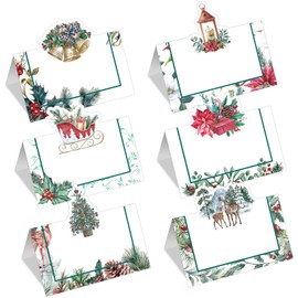 Whaline 48Pcs Christmas Place Cards for Table Setting Watercolor Holly Berry Xmas Tree Table Name Place Cards Xmas Blank Tented Rustic Folded Dinner Name Tags for Winter Holiday Birthday Party Decor